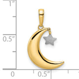 14k Multi-Tone Gold Moon and Star Pendant, Rhodium Textured Celestial Charm for Women