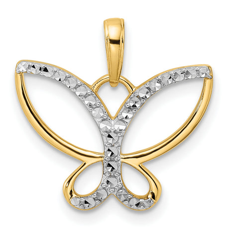 14k Yellow Gold Butterfly Pendant with Rhodium Detailing, Two-Tone Open Design for Women