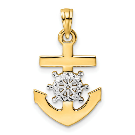 14k Two-Tone Gold Anchor and Ship Wheel Pendant, Nautical Maritime Cross Symbol for Men or Unisex