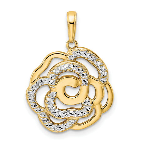 14k Multi-Tone Gold Rose Pendant with Openwork Floral Design and Diamond Cut Accents