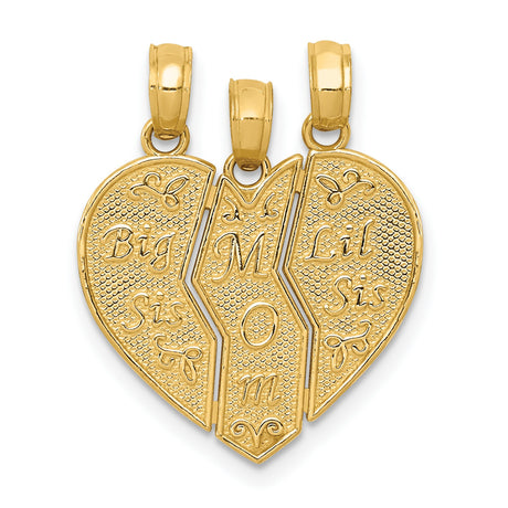 14k Yellow Gold Break-Apart Heart Pendant Set, Mom Big Sis Lil Sis, Family Bond Jewelry