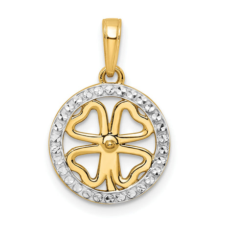 14k Yellow Gold Multi-Tone Four-Leaf Clover Pendant, Openwork Lucky Charm Design