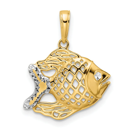 14k Yellow Gold and Rhodium Fish Pendant with Open Lattice Design and Textured Detailing