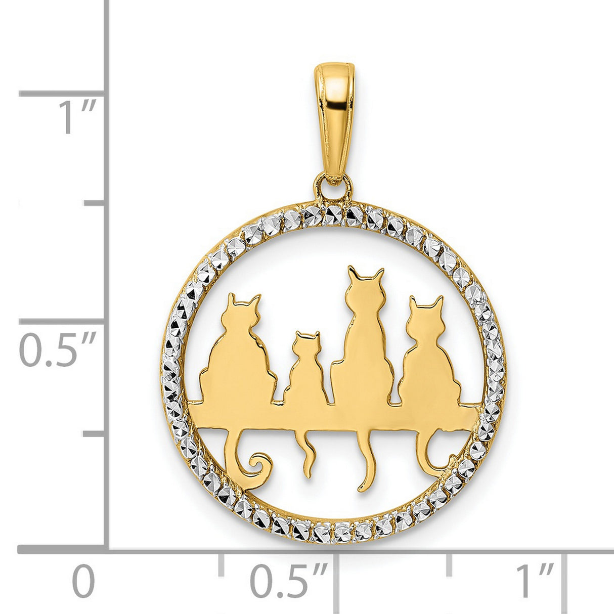 Diamond-Cut Cats Sitting on Bench Charm Pendant in Real 14k Multi-Tone Gold