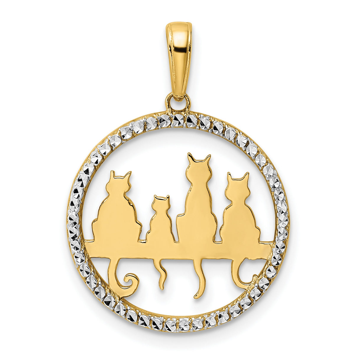 Diamond-Cut Cats Sitting on Bench Charm Pendant in Real 14k Multi-Tone Gold