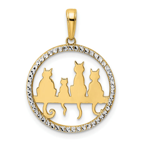 Diamond-Cut Cats Sitting on Bench Charm Pendant in Real 14k Multi-Tone Gold