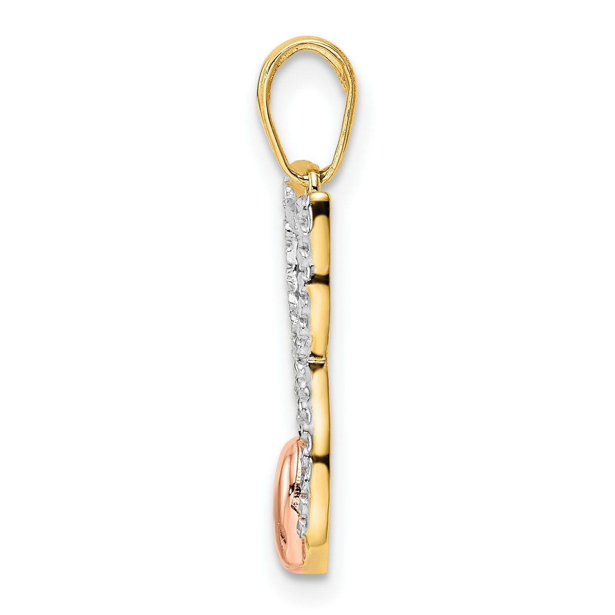 Diamond-Cut Cat with Heart Charm Pendant in Real 14k Multi-Tone Gold