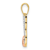 Diamond-Cut Cat with Heart Charm Pendant in Real 14k Multi-Tone Gold