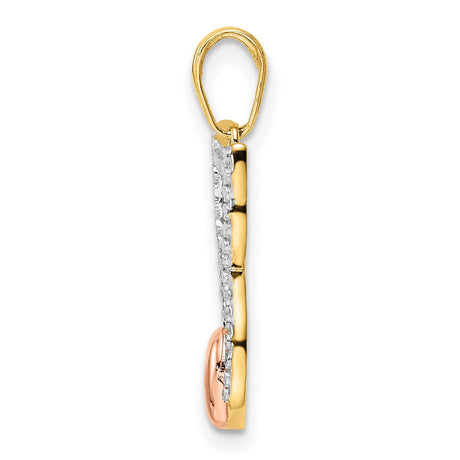 Diamond-Cut Cat with Heart Charm Pendant in Real 14k Multi-Tone Gold