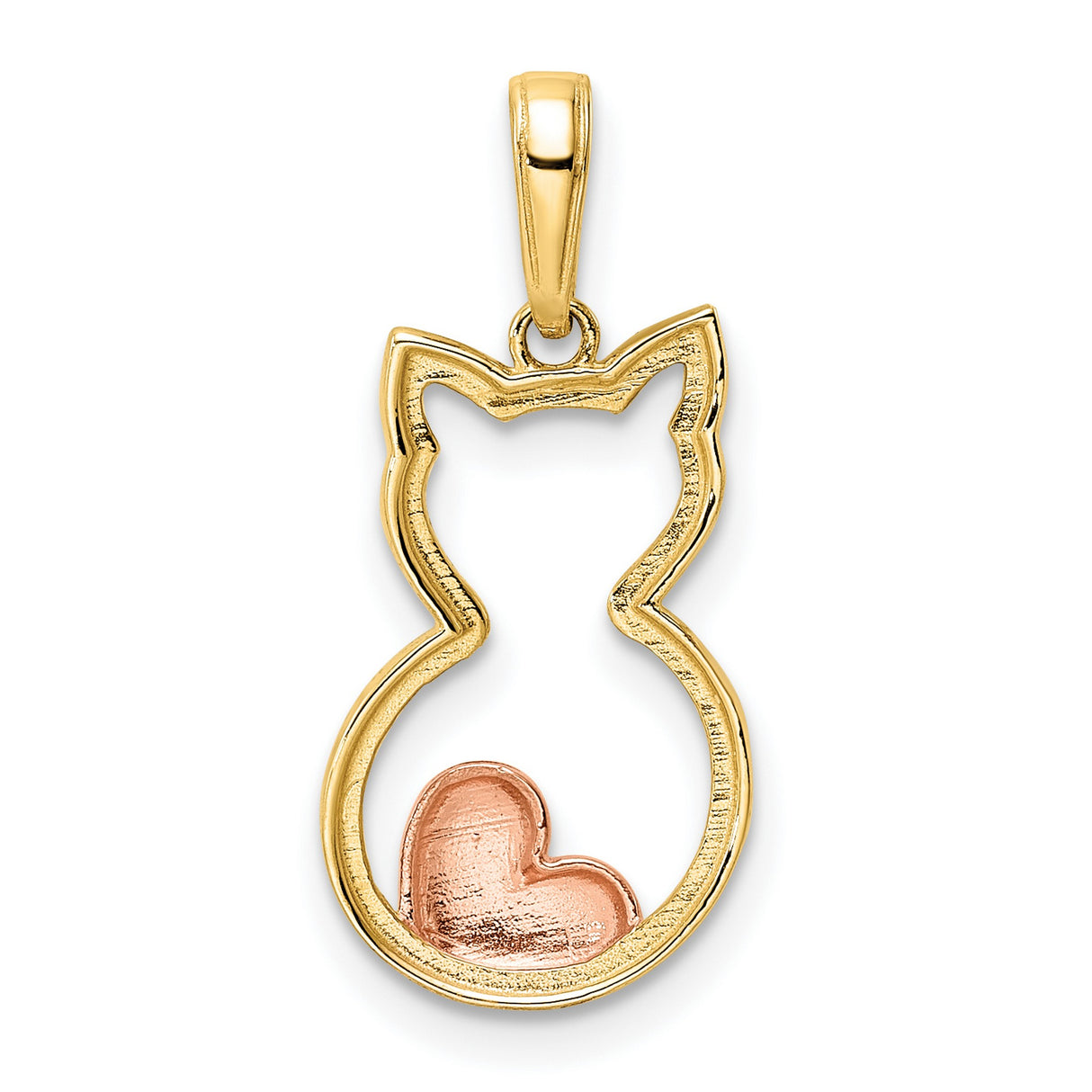 Diamond-Cut Cat with Heart Charm Pendant in Real 14k Multi-Tone Gold