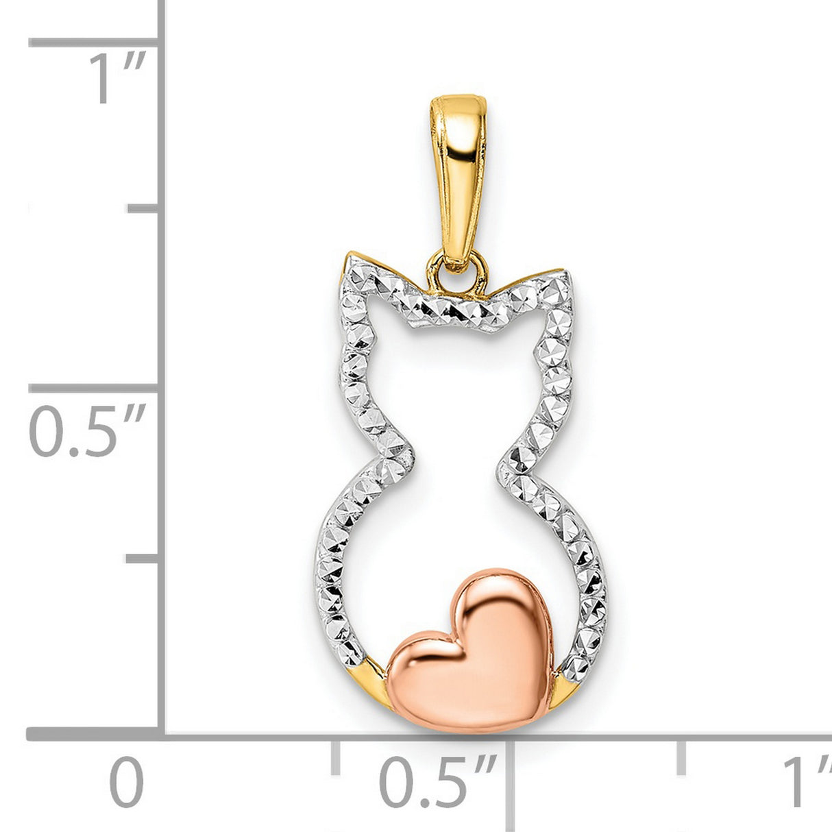 Diamond-Cut Cat with Heart Charm Pendant in Real 14k Multi-Tone Gold