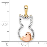 Diamond-Cut Cat with Heart Charm Pendant in Real 14k Multi-Tone Gold