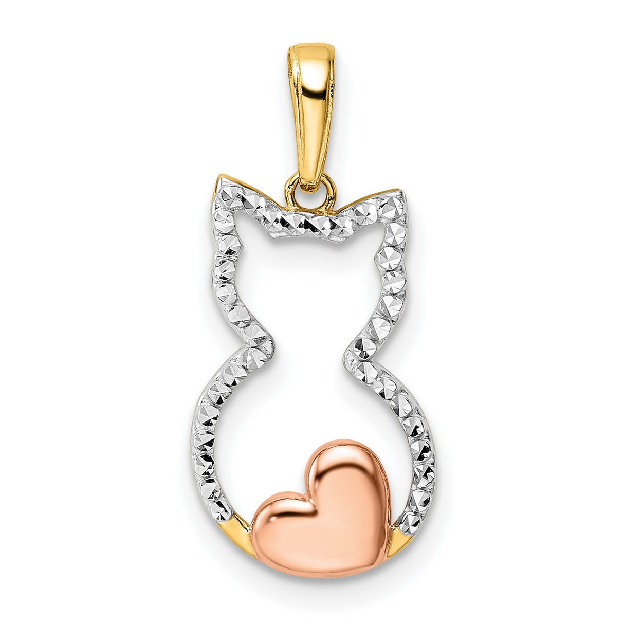 Diamond-Cut Cat with Heart Charm Pendant in Real 14k Multi-Tone Gold