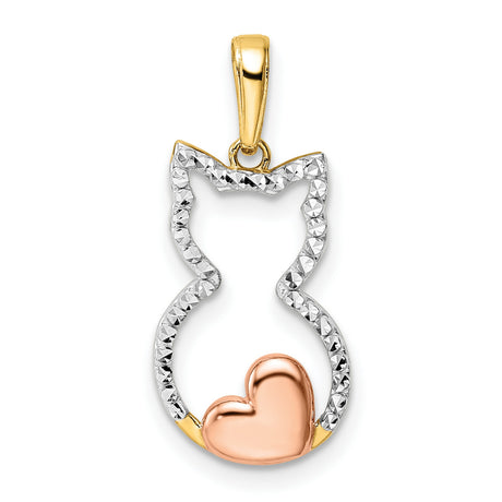 Diamond-Cut Cat with Heart Charm Pendant in Real 14k Multi-Tone Gold
