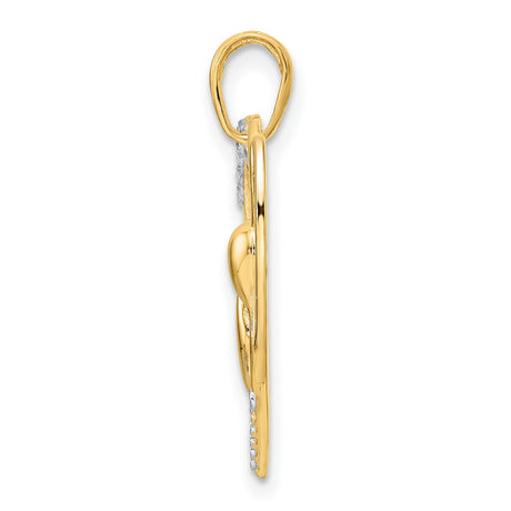 Diamond-Cut Cat Stretching in Heart Charm Pendant in Real 14k Multi-Tone Gold