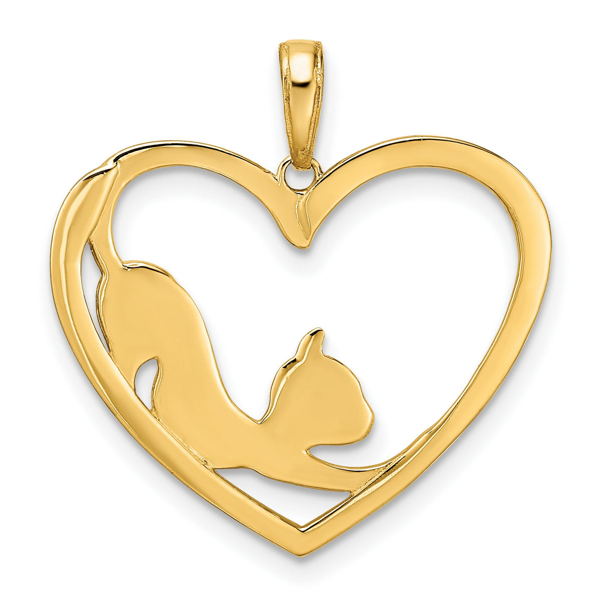 Diamond-Cut Cat Stretching in Heart Charm Pendant in Real 14k Multi-Tone Gold
