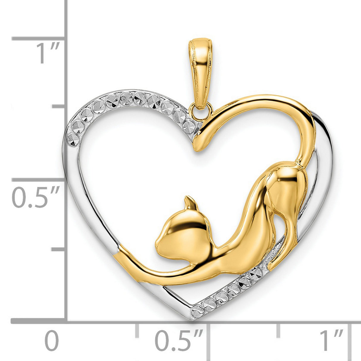Diamond-Cut Cat Stretching in Heart Charm Pendant in Real 14k Multi-Tone Gold