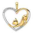Diamond-Cut Cat Stretching in Heart Charm Pendant in Real 14k Multi-Tone Gold
