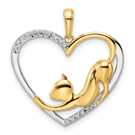 Diamond-Cut Cat Stretching in Heart Charm Pendant in Real 14k Multi-Tone Gold