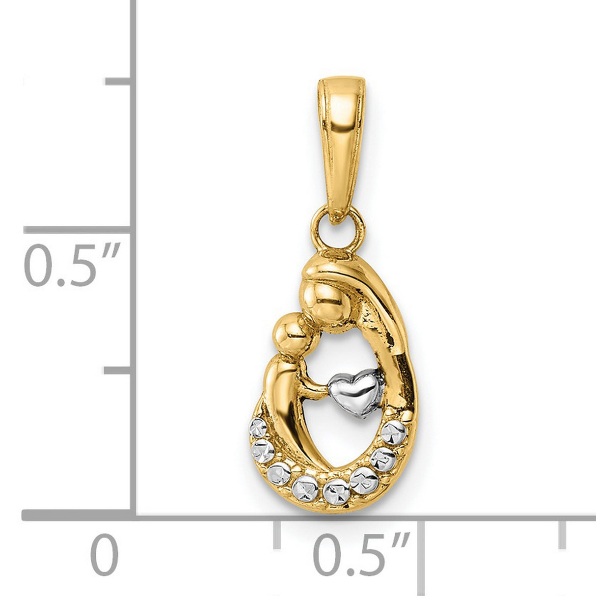14k Multi-Tone Gold Teardrop Pendant with Rhodium Accent, Mother Embrace and Heart Charm
