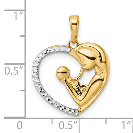 14k Multi-Tone Gold Heart Pendant with Mother Holding , Family Bond Design
