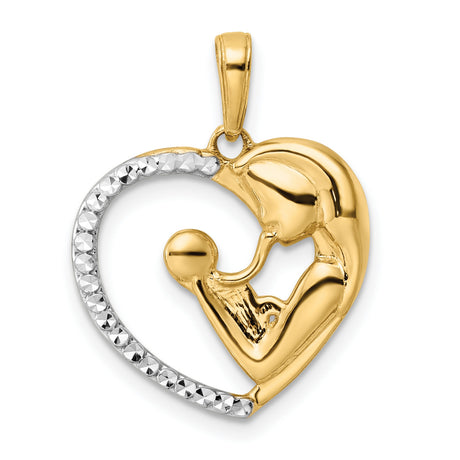 14k Multi-Tone Gold Heart Pendant with Mother Holding , Family Bond Design
