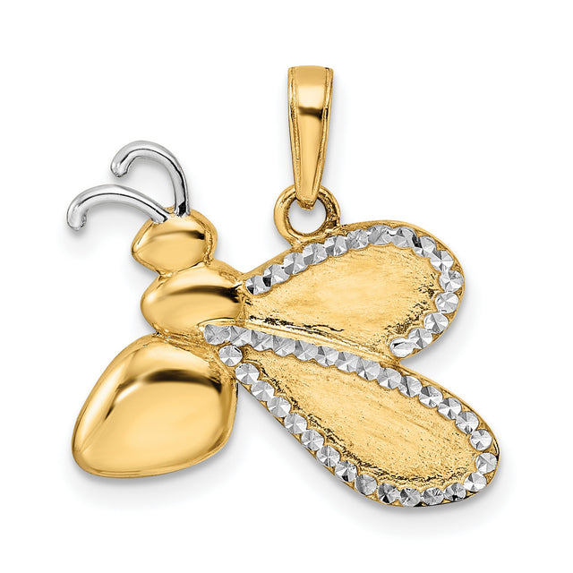 14k Multi-Tone Gold Bee Pendant with Diamond Cut Wings, Nature-Inspired Insect Charm for Women