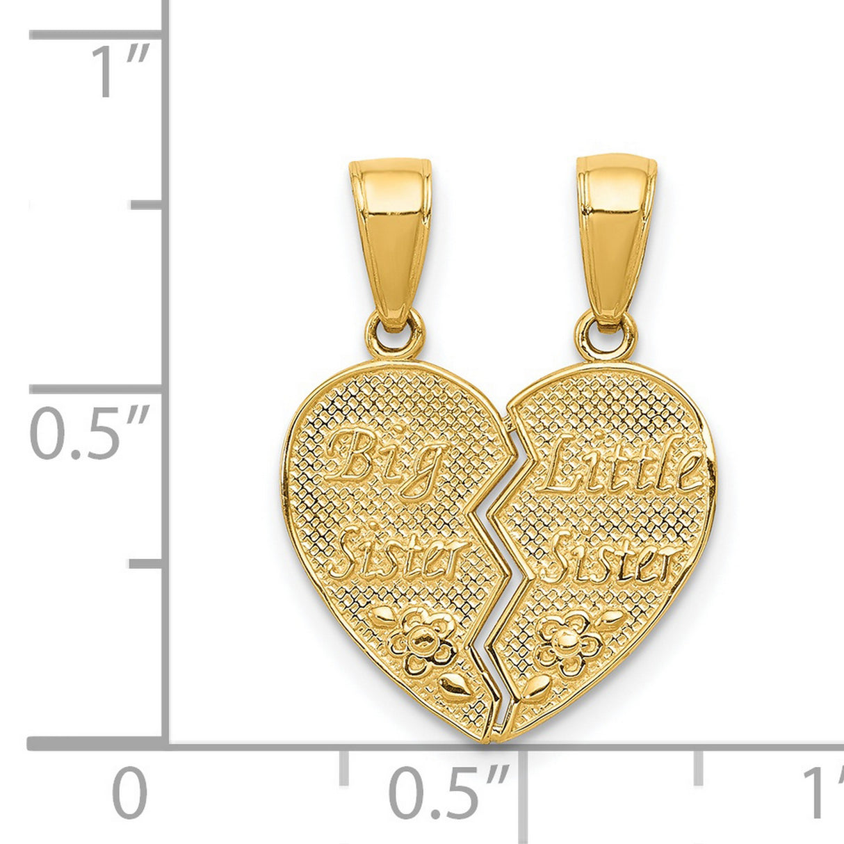 Big Sister Little Sister Words And Flowers Break-Apart Heart Charm Pendant in Real 14k Yellow Gold