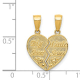 Big Sister Little Sister Words And Flowers Break-Apart Heart Charm Pendant in Real 14k Yellow Gold