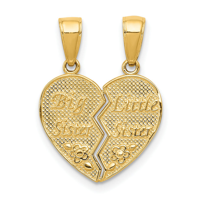 Big Sister Little Sister Words And Flowers Break-Apart Heart Charm Pendant in Real 14k Yellow Gold