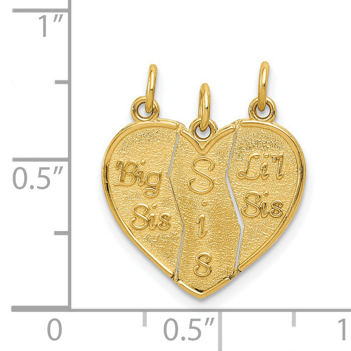 3-Piece Break-Apart Lil Sis Big Sis Words Heart Charm Pendant in Real 14k Yellow Gold