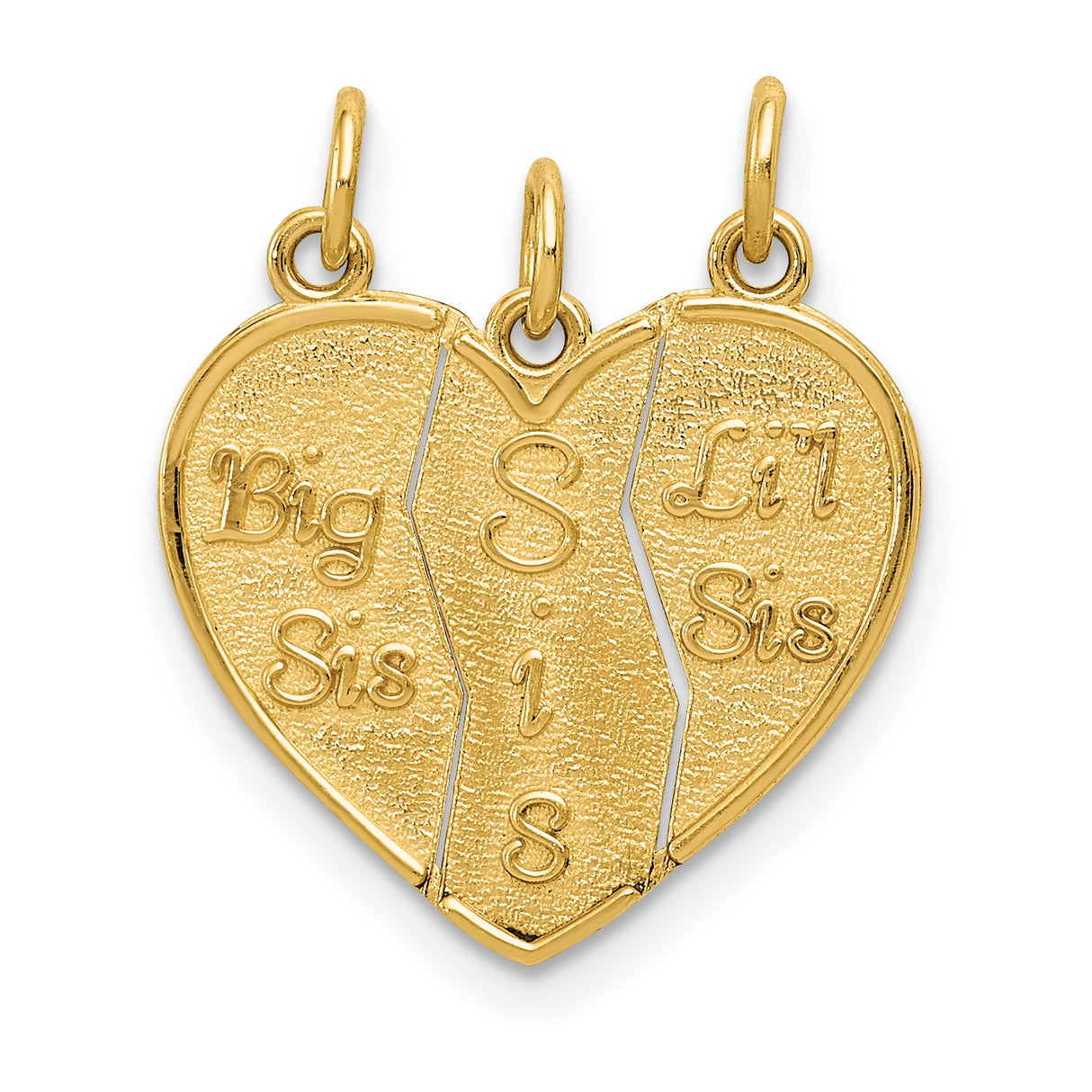 3-Piece Break-Apart Lil Sis Big Sis Words Heart Charm Pendant in Real 14k Yellow Gold