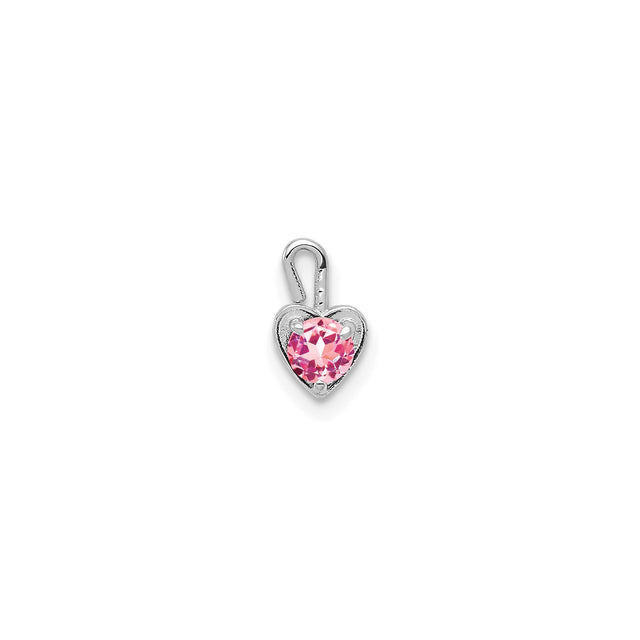 14k White Gold Heart Pendant with Round Pink Synthetic Birthstone, Romantic Style for Women