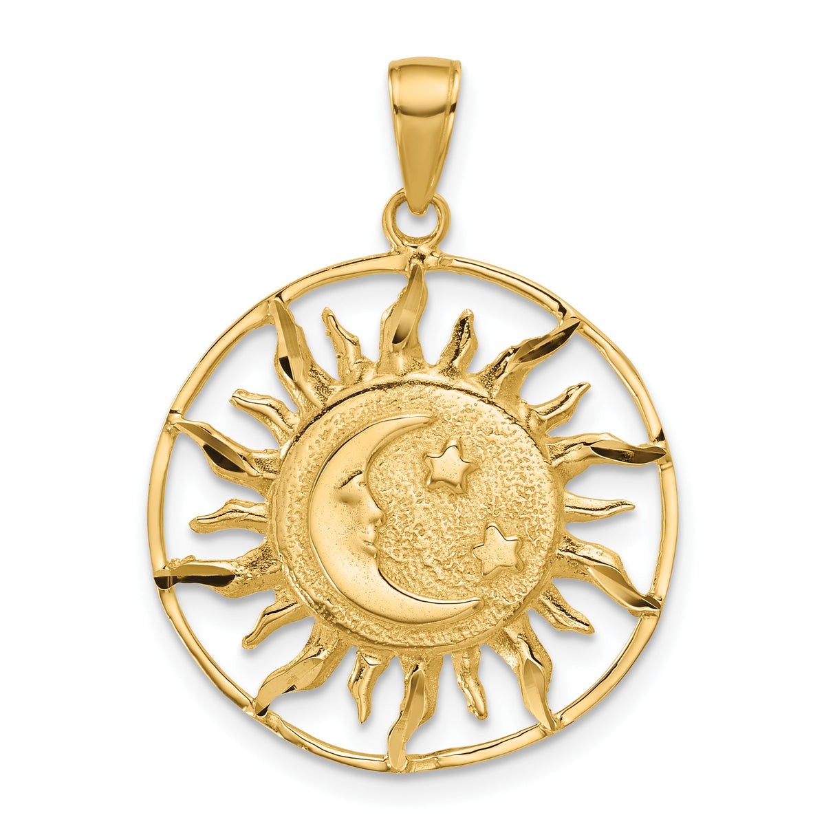 14k Yellow Gold Sun and Moon Pendant with Celestial Face and Star Charm, Boho Astrology Jewelry