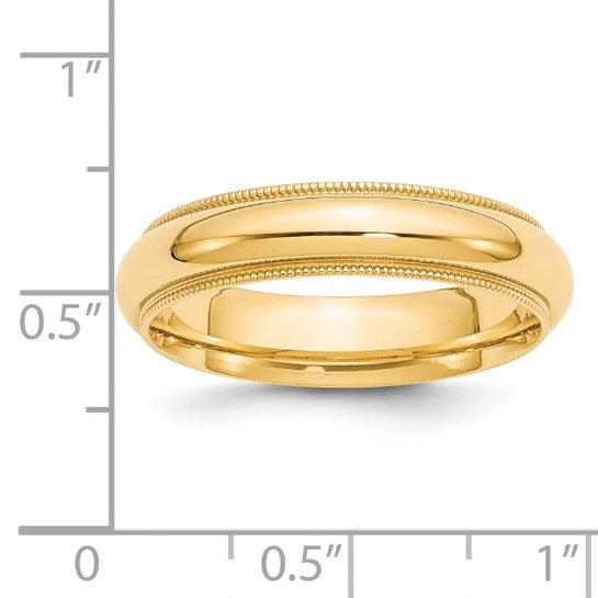 14K Yellow Gold Milgrain Half-Round Solid Wedding Band, Comfort Fit, 5mm Domed Ring