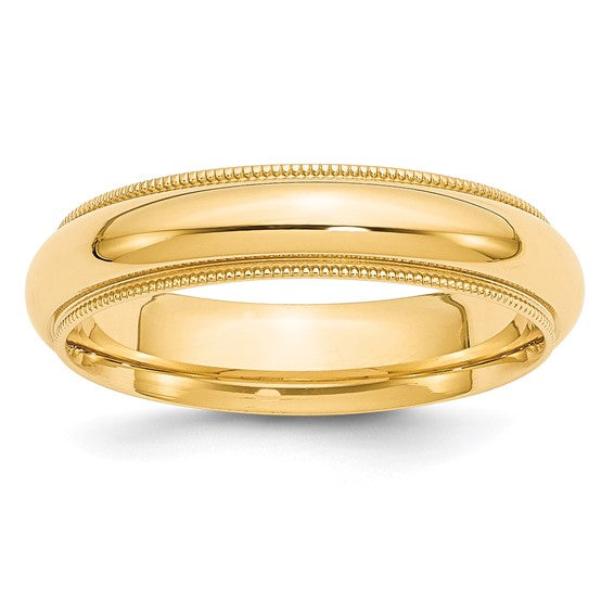 14K Yellow Gold Milgrain Half-Round Solid Wedding Band, Comfort Fit, 5mm Domed Ring