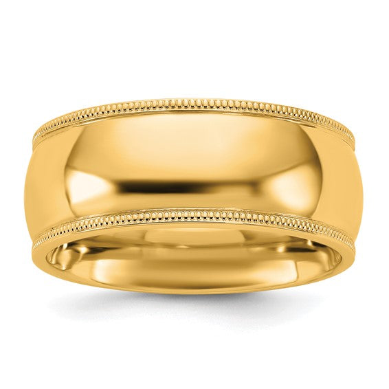 14K Yellow Gold Milgrain Half Round Comfort Fit Solid Wedding Band 8mm