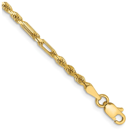 14K Yellow Gold 2.5 mm Rope Chain Bracelet, Polished