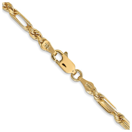 14K Yellow Gold 3 mm Rope Chain Necklace, Polished alternate angle