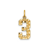14k Yellow Gold Number 3 Pendant Charm, Block Style Textured and Polished Finish, Unisex Jewelry
