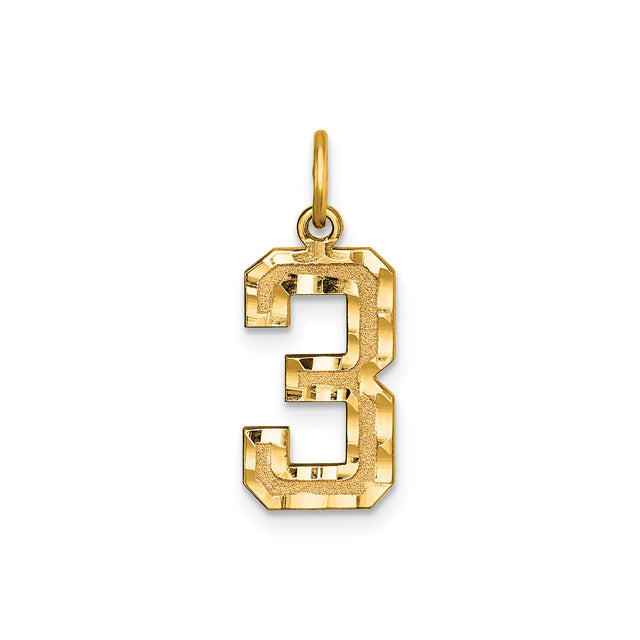14k Yellow Gold Number 3 Pendant Charm, Block Style Textured and Polished Finish, Unisex Jewelry