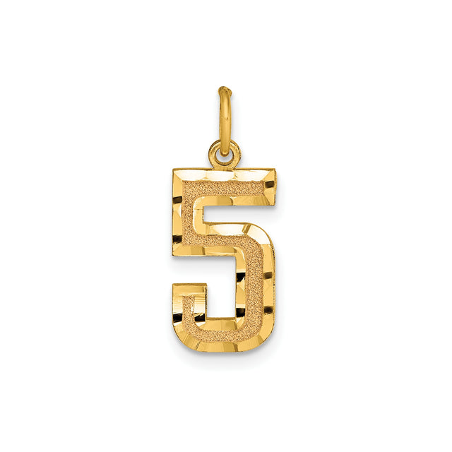 14k Yellow Gold Number 5 Pendant, Textured and Polished Finish Unisex Charm