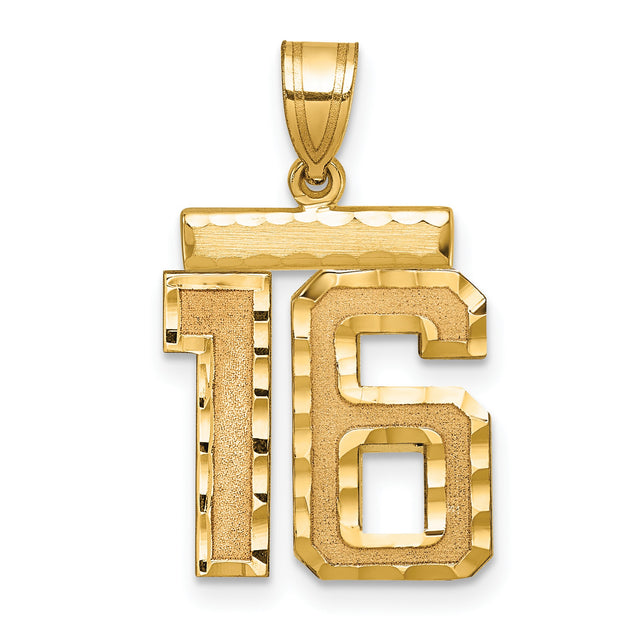 14k Yellow Gold Number 16 Pendant, Polished and Textured Sweet Sixteen Charm