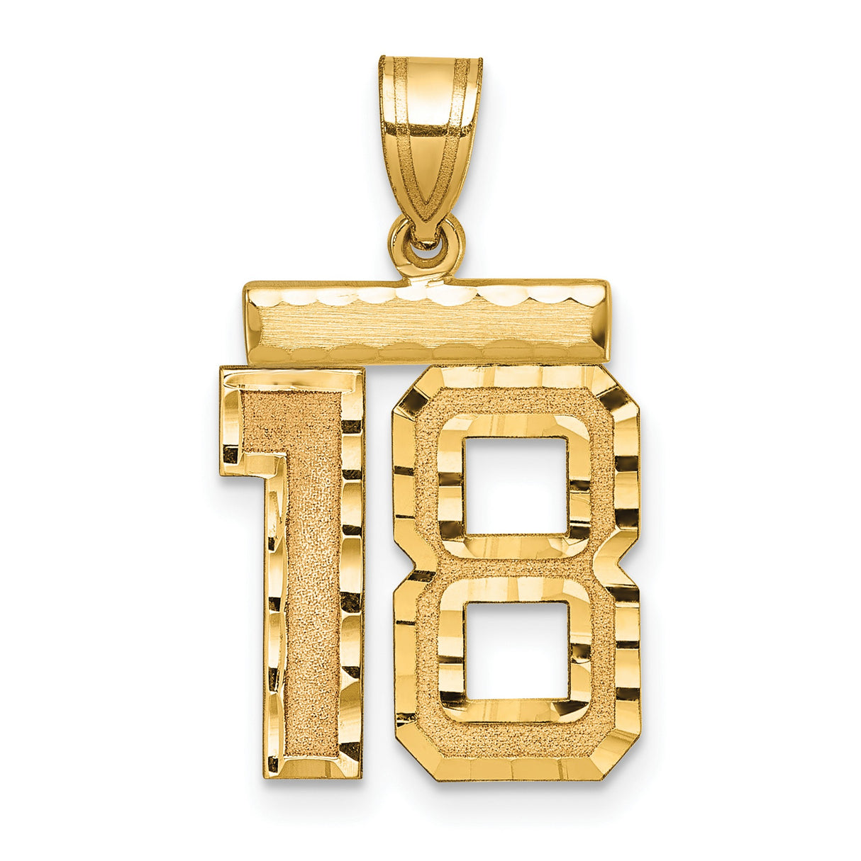 14k Yellow Gold Number 18 Pendant, Textured and Polished Athletic Design, Unisex Charm