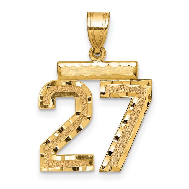 14k Yellow Gold Number 27 Pendant, High Polish Textured Sports Charm for Men and Women