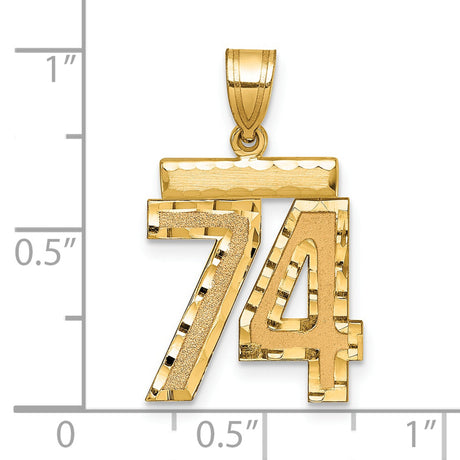 14k Yellow Gold Number 74 Pendant, Textured and Polished Finish, Jersey Style Charm for Men or Unisex