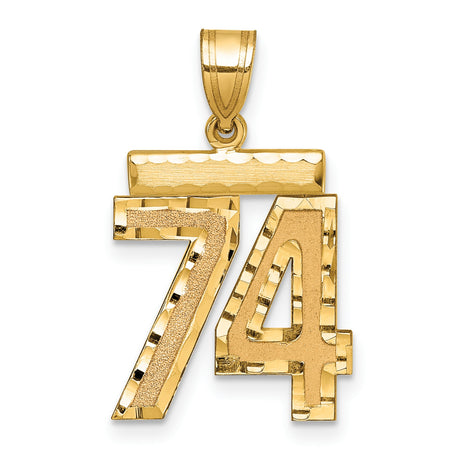 14k Yellow Gold Number 74 Pendant, Textured and Polished Finish, Jersey Style Charm for Men or Unisex