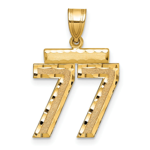 14k Yellow Gold Number 77 Pendant, Double Seven Design, Textured and Polished Finish, Mens Numerology Charm