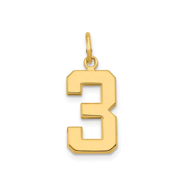 14k Yellow Gold Number Three Pendant Charm, Bold Block Design for Men and Women