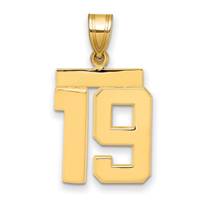 14k Yellow Gold Number 19 Pendant, Block Style Sports Charm, Unisex Jersey-Inspired Jewelry